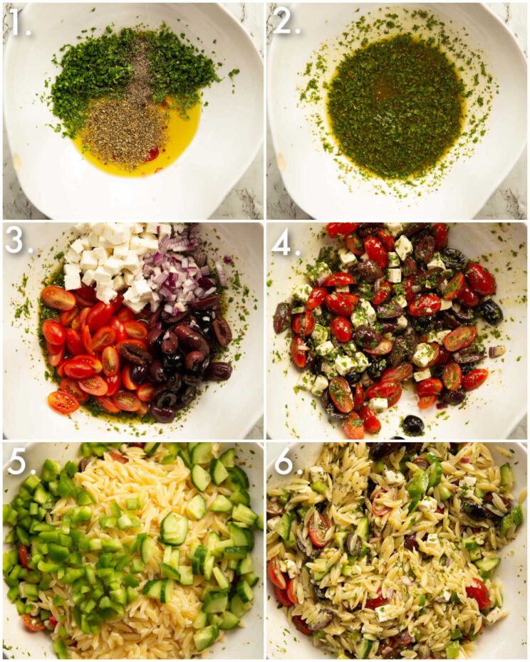 6 step by step photos showing how to make greek orzo pasta salad