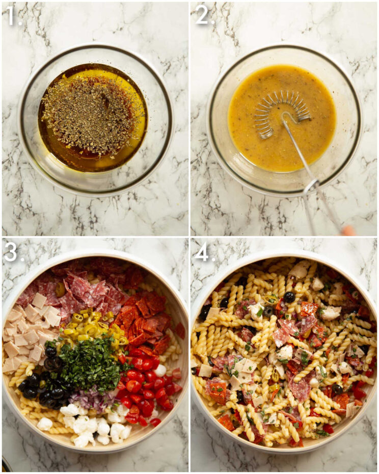4 step by step photos showing how to make Italian sub pasta salad