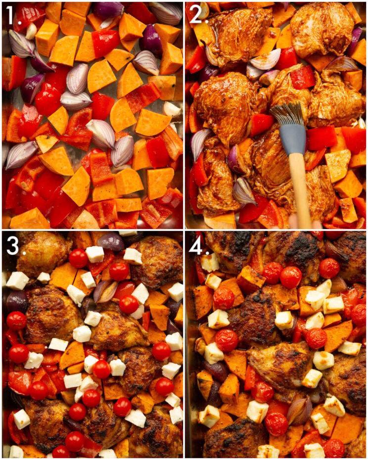 4 step by step photos showing how to make nandos peri peri chicken traybake