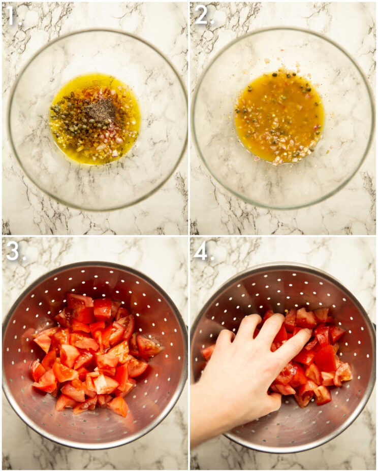4 step by step photos showing how to make panzanella salad dressing