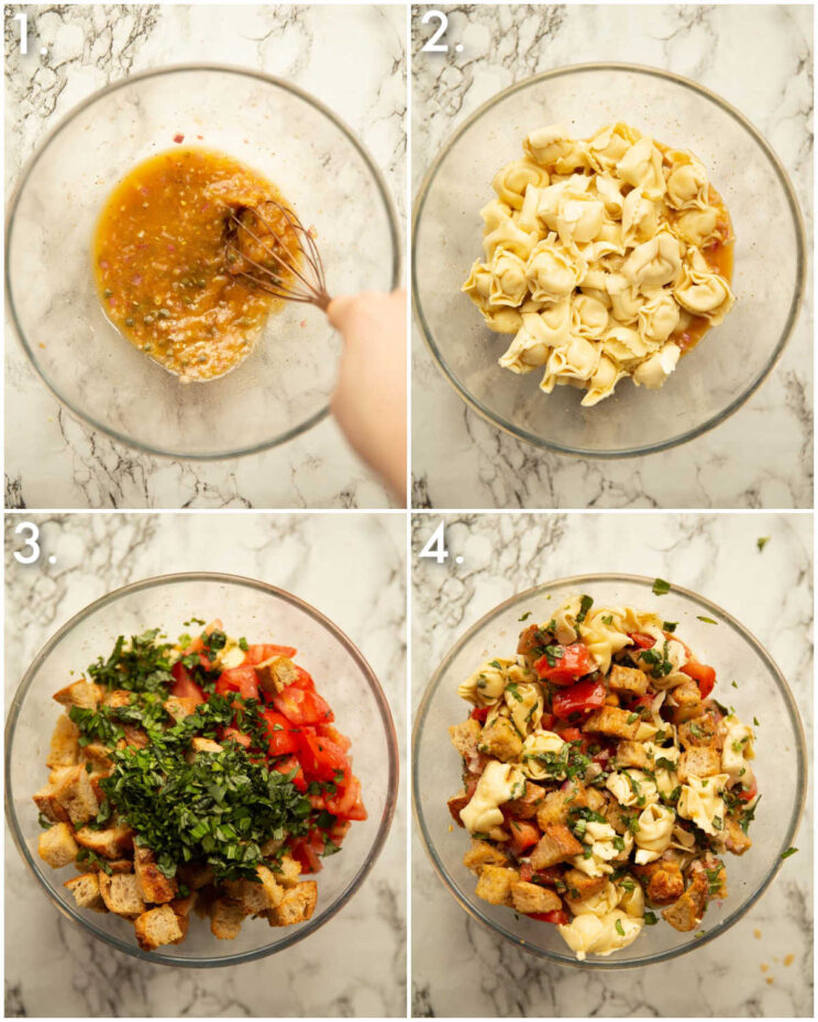 4 step by step photos showing how to make panzanella tortellini pasta salad