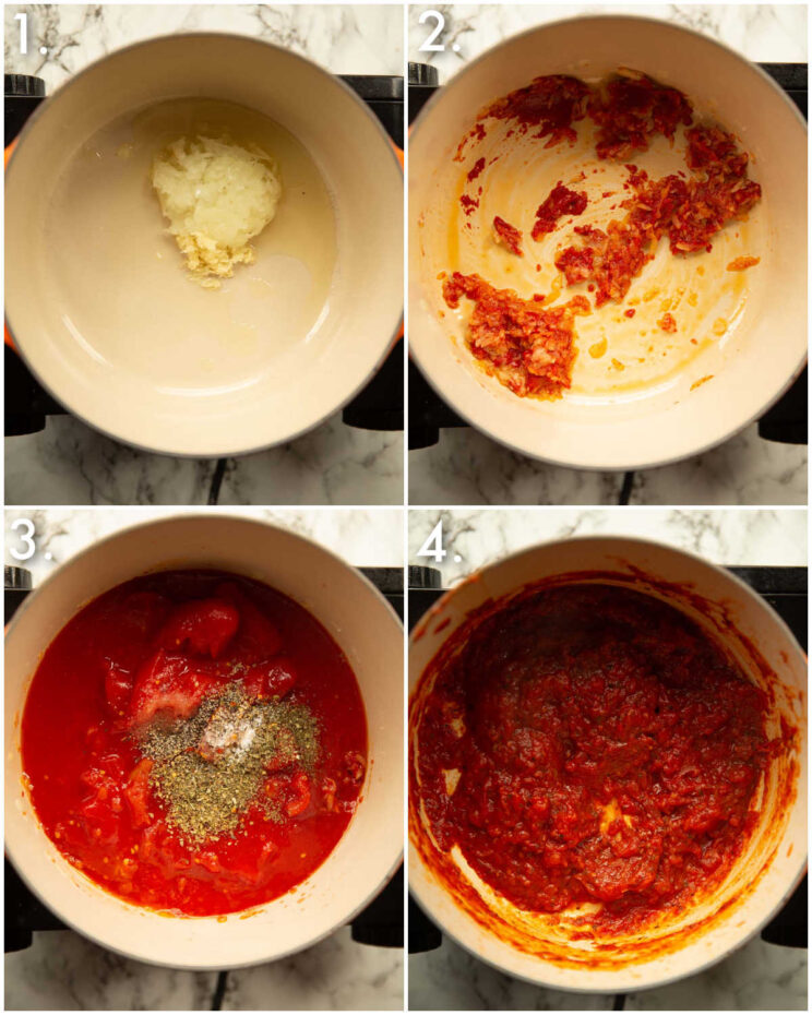 4 step by step photos showing how to make pizza sauce