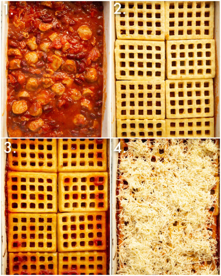 4 step by step photos showing how to make waffle cowboy pie