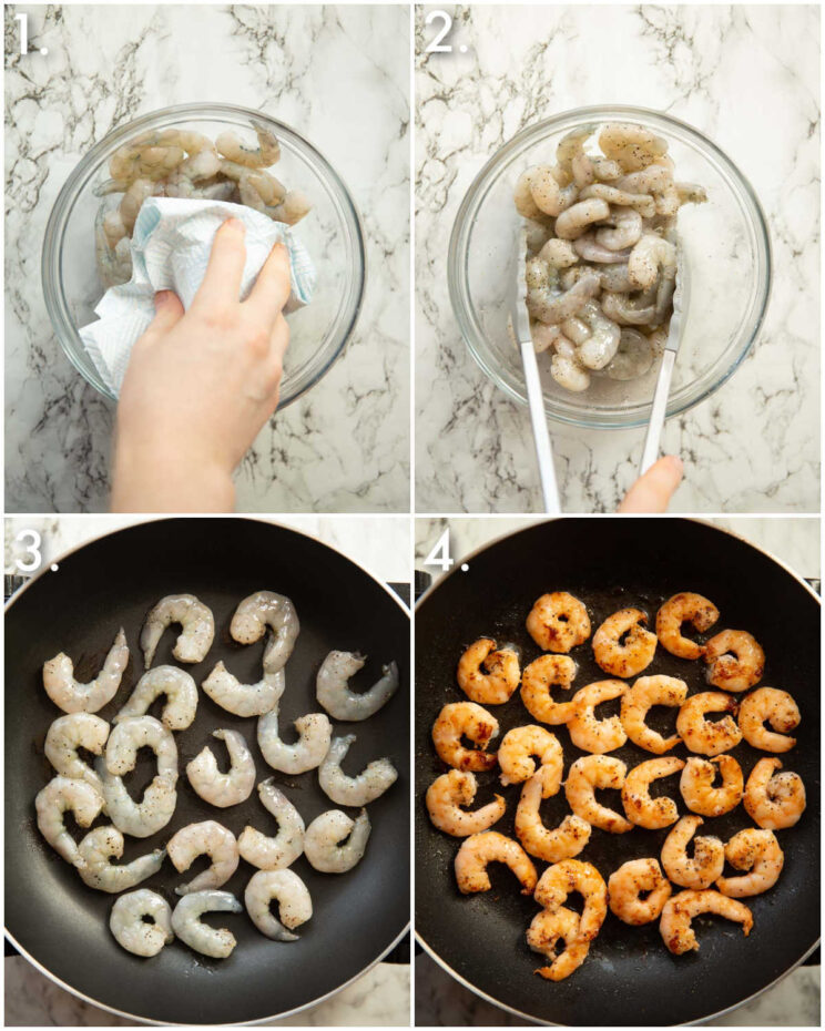 4 step by step photos showing how to pan fry prawns