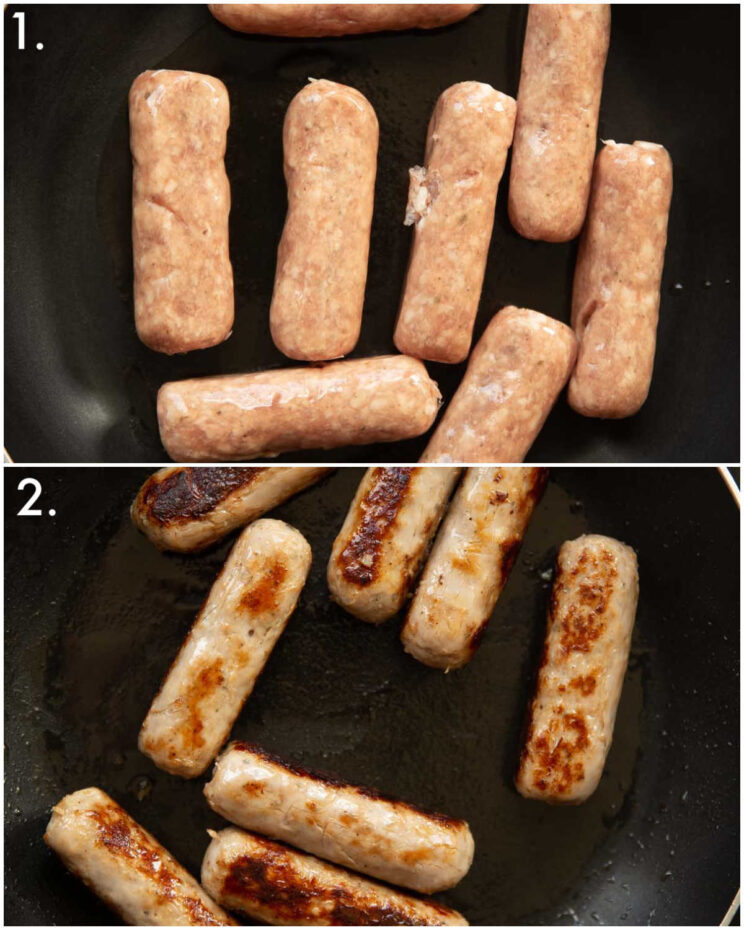 2 step by step photos showing how to pan fry sausages