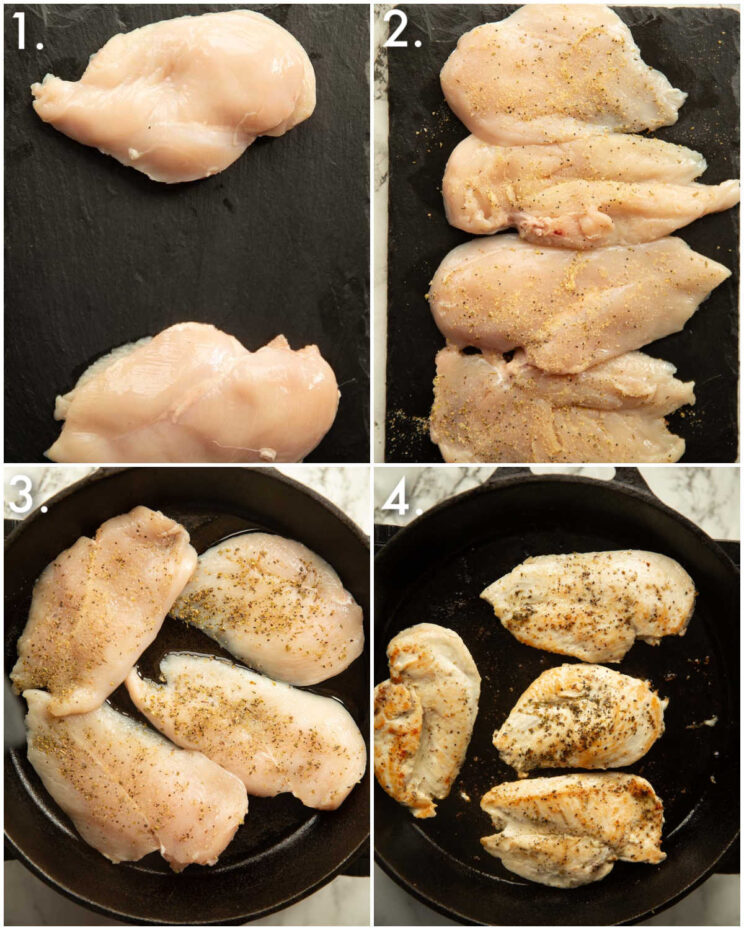 4 step by step photos showing how to prepare chicken breast