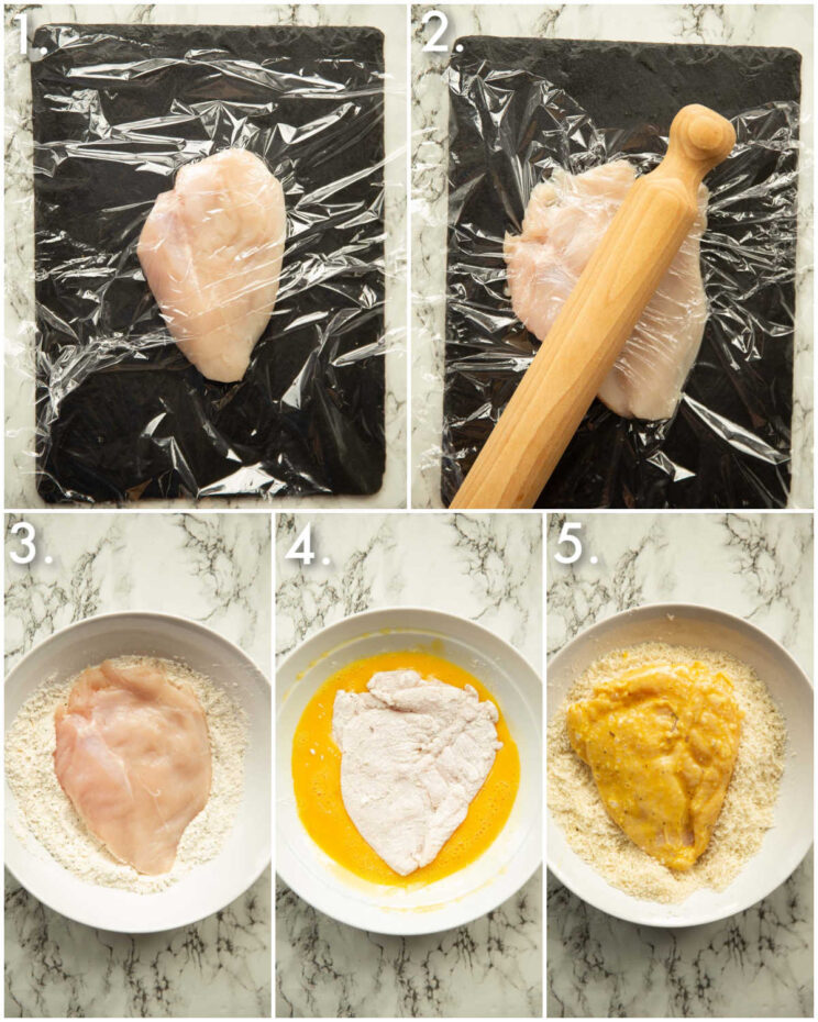 5 step by step photos showing how to prepare chicken parmesan