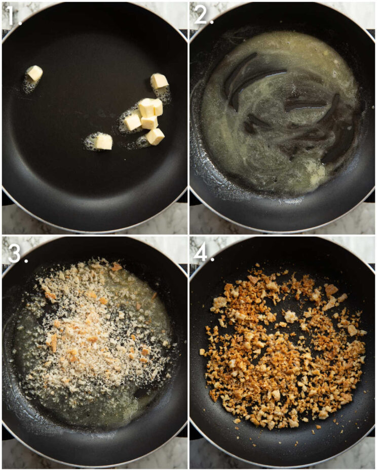 4 step by step photos showing how to toast breadcrumbs