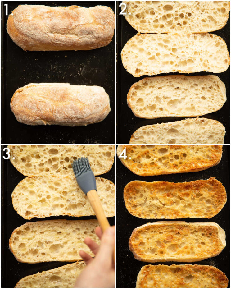 4 step by step photos showing how to toast ciabatta 