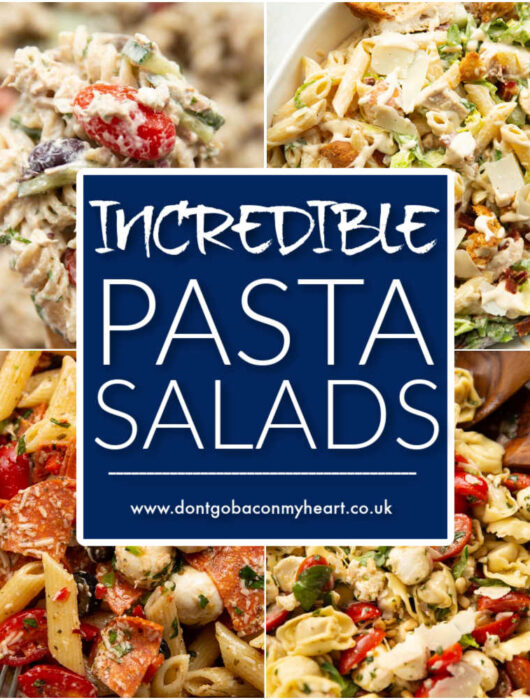 incredible pasta salads thumbnail with text overlay