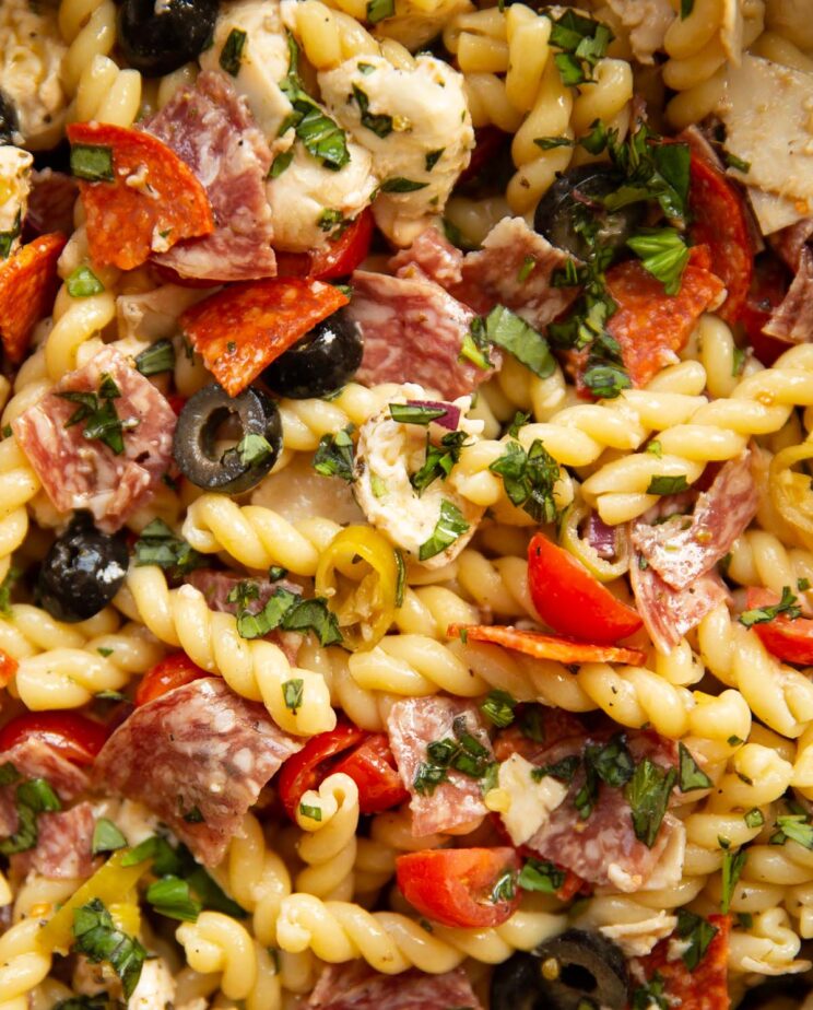 close up overhead shot of Italian sub pasta salad