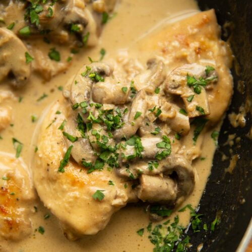 close up shot of chicken marsala in pan garnished with parsley