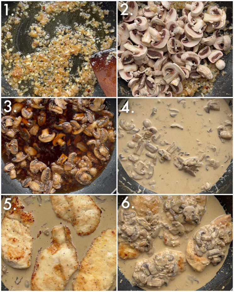 6 step by step photos showing how to make chicken marsala