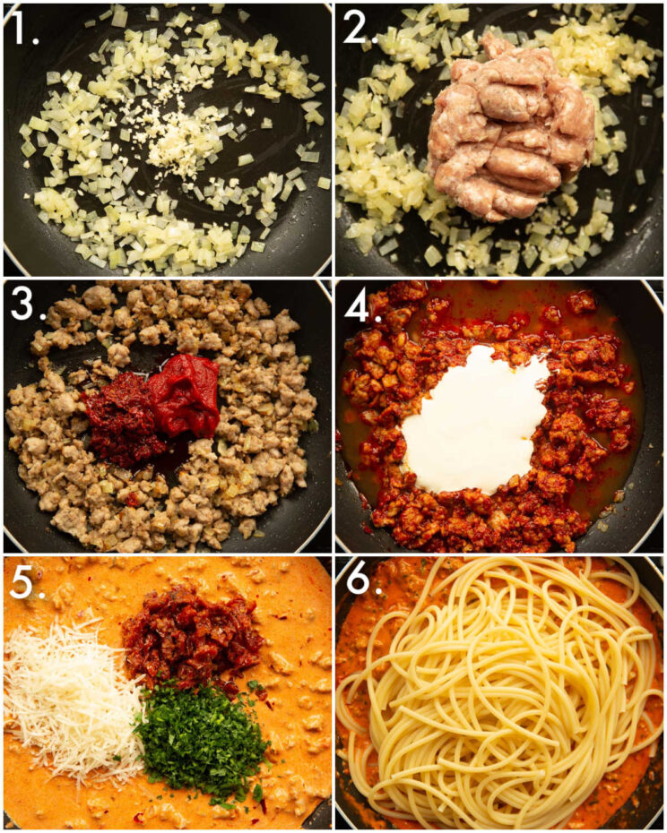 6 step by step photos showing how to make sausage harissa pasta