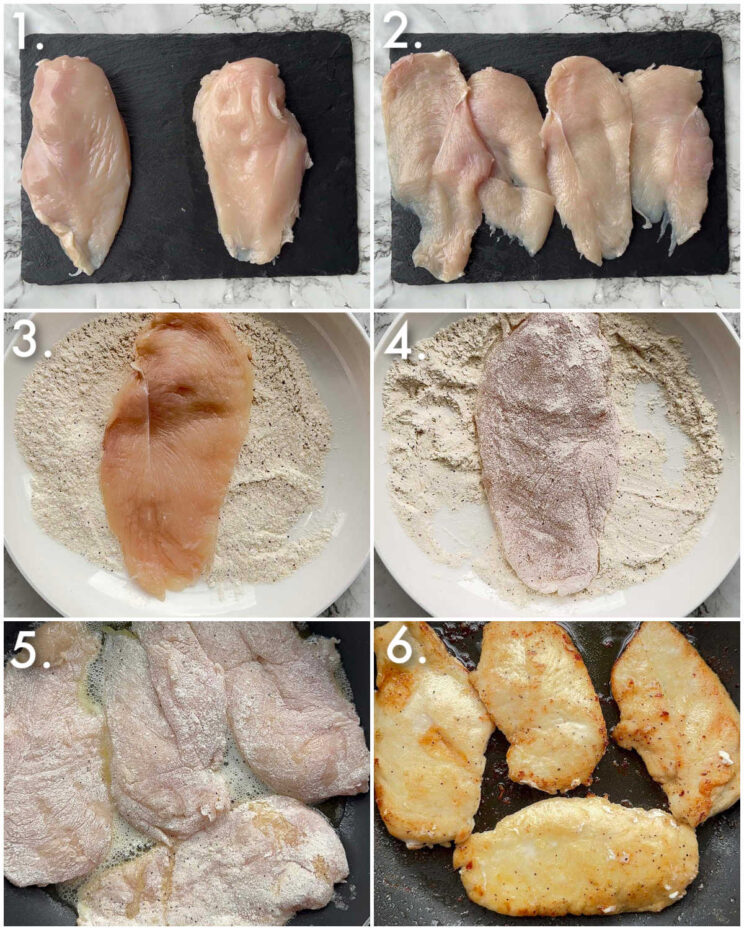 6 step by step photos showing how to prepare chicken marsala
