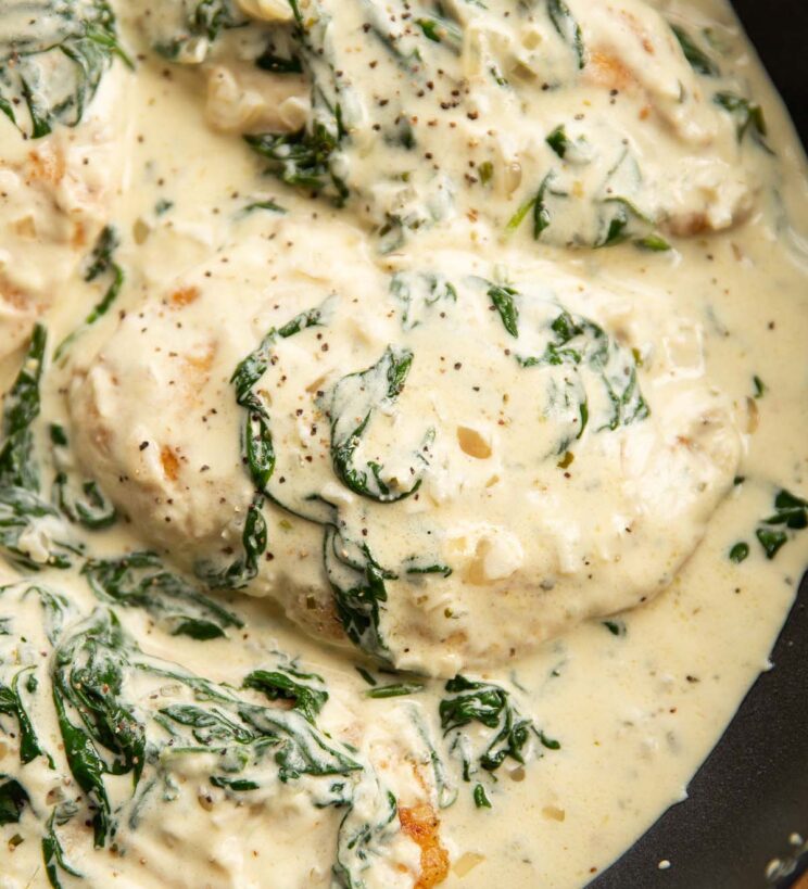 overhead shot of Boursin chicken in large frying pan