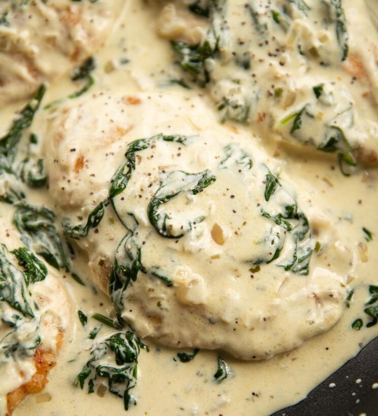 close up shot of Boursin chicken in frying pan