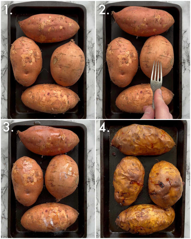 4 step by step photos showing how to bake sweet potatoes