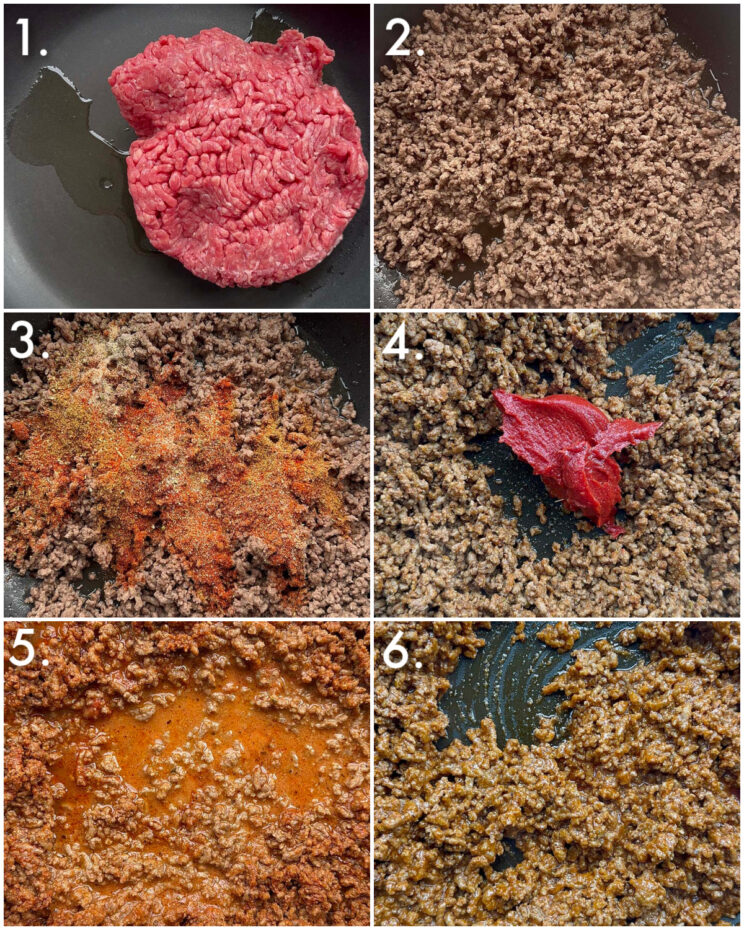 6 step by step photos showing how to make beef taco mince