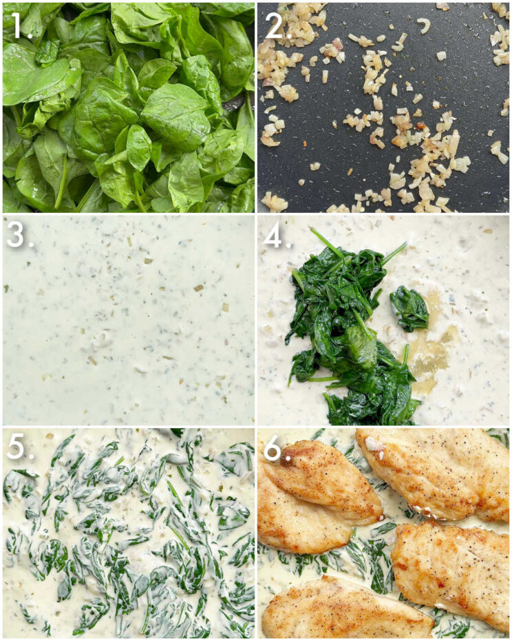 6 step by step photos showing how to make Boursin chicken