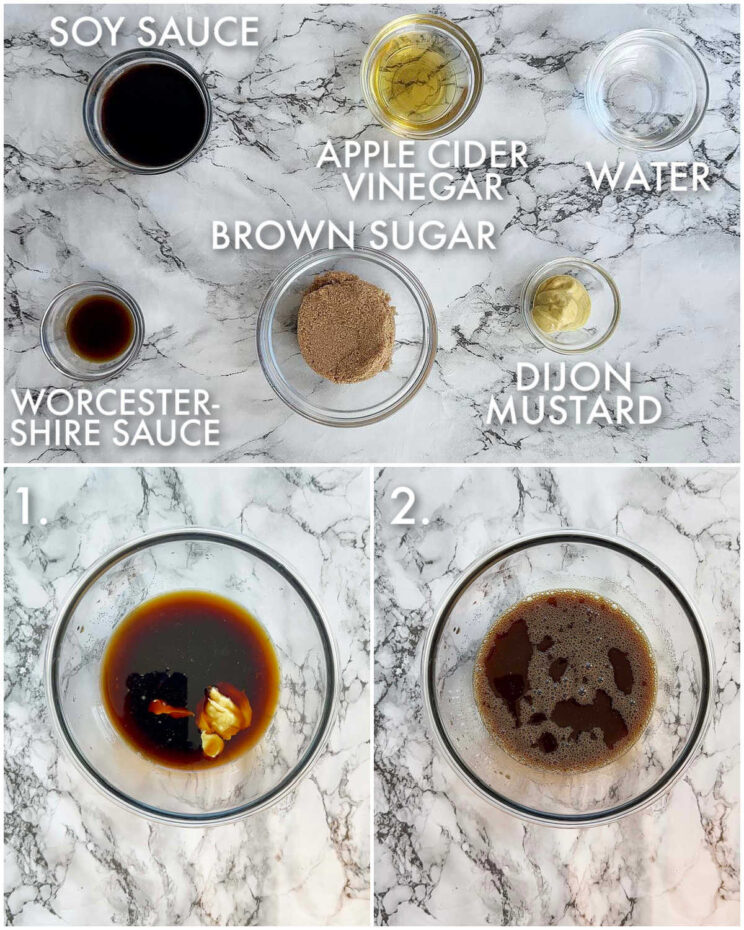 3 step by step photos showing how to make brown sugar glaze for pork