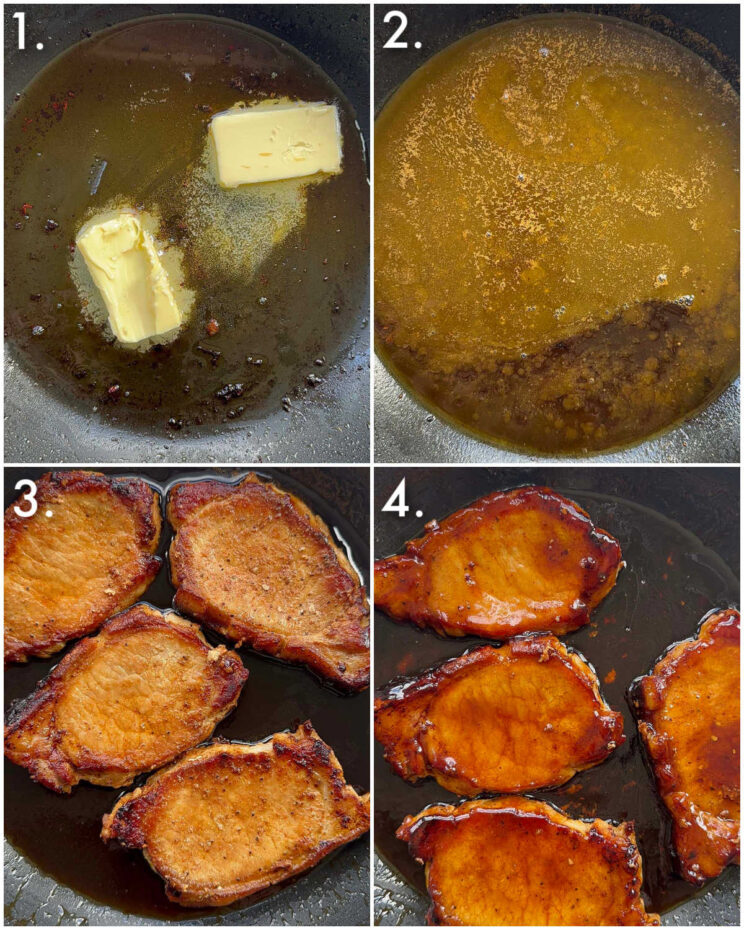 4 step by step photos showing how to make brown sugar pork chops