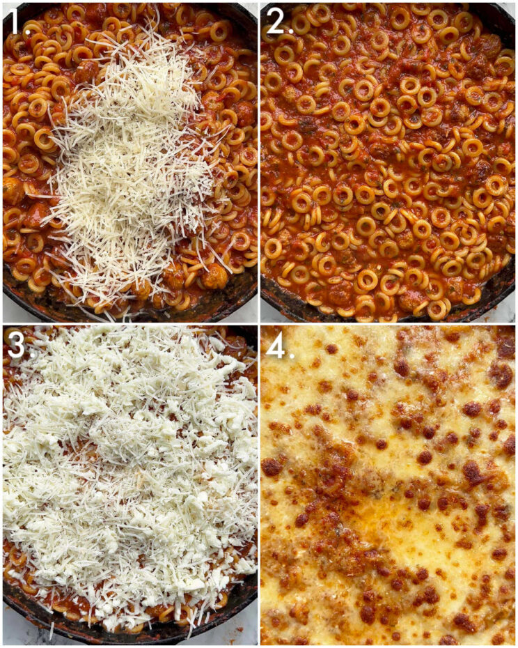 4 step by step photos showing how to make cheesy spaghetti hoops