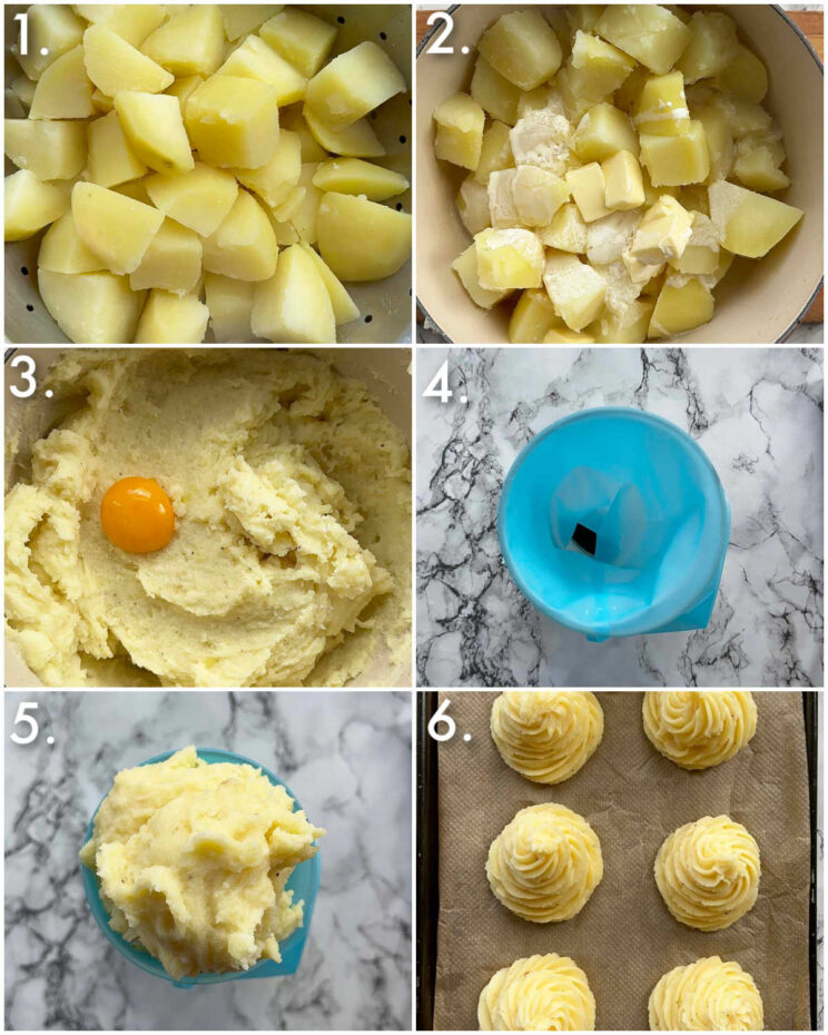 6 step by step photos showing how to make duchess potatoes