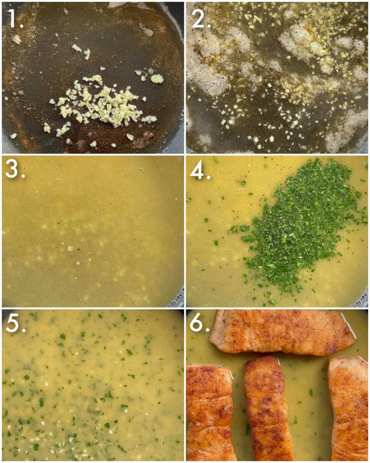 6 step by step photos showing how to make garlic butter sauce for salmon