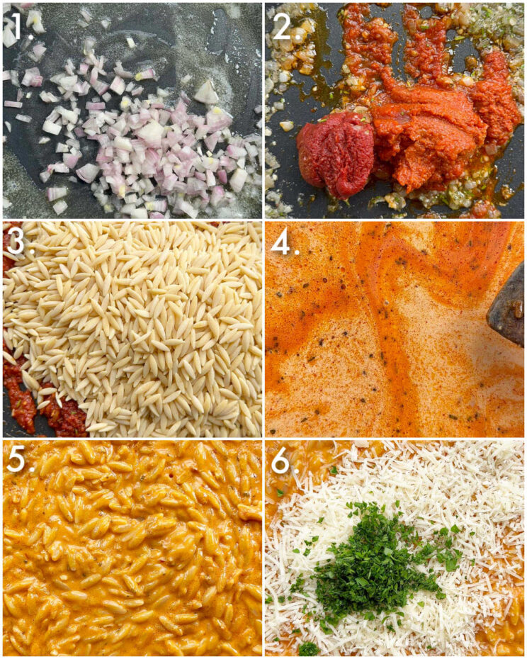 6 step by step photos showing how to make 'nduja orzo