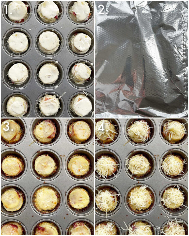 4 step by step photos showing how to make potato stacks