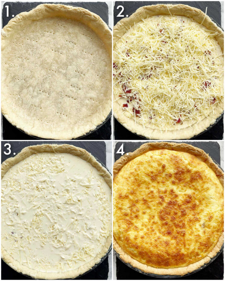 4 step by step photos showing how to make quiche lorraine filling