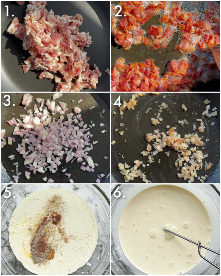 6 step by step photos showing how to make quiche lorraine filling