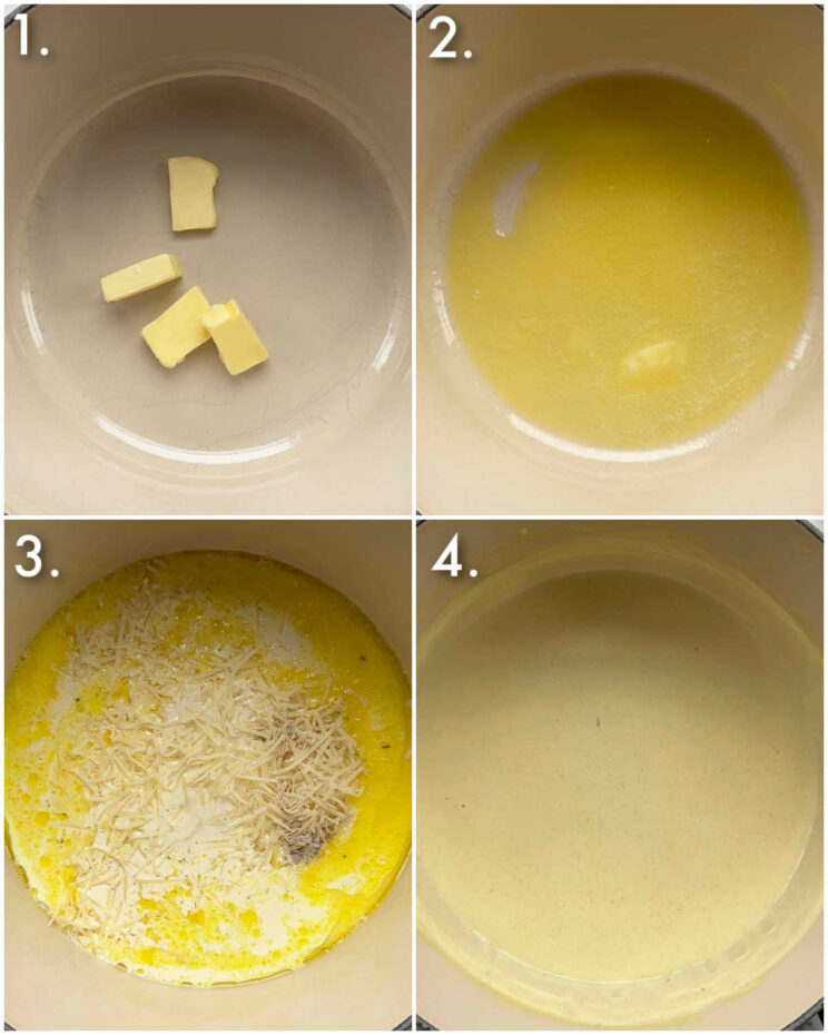 4 step by step photos showing how to make sauce for chicken cordon bleu