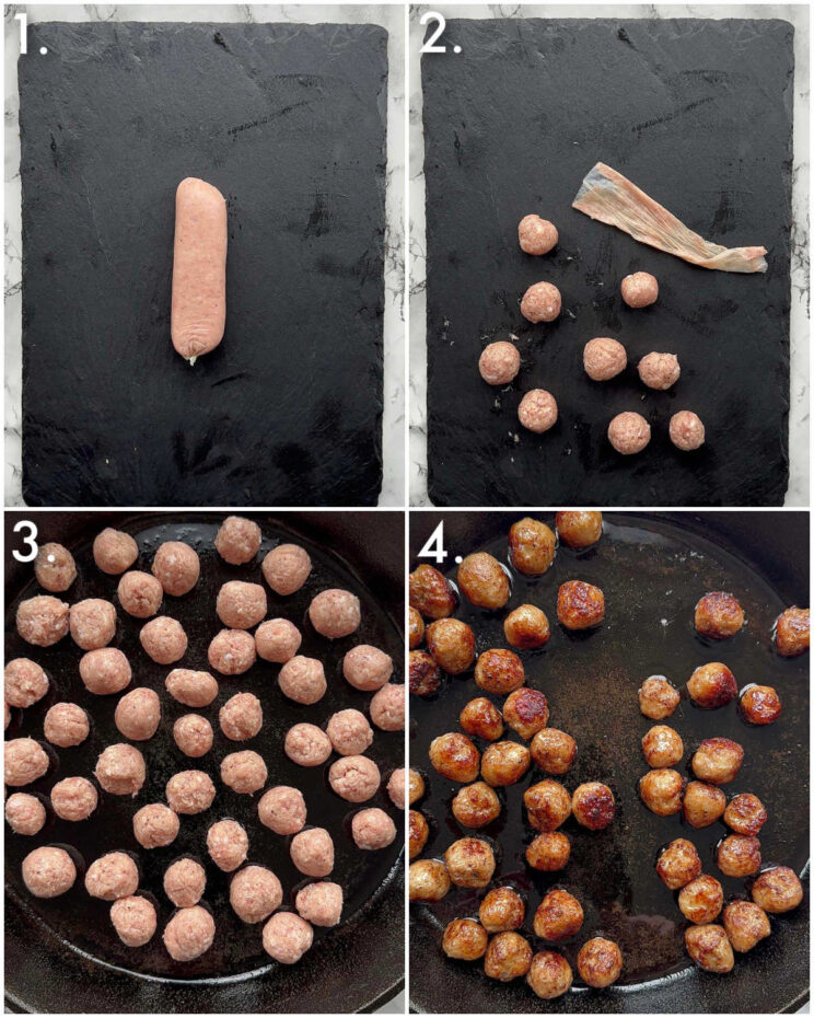 4 step by step photos showing how to make sausage meatballs