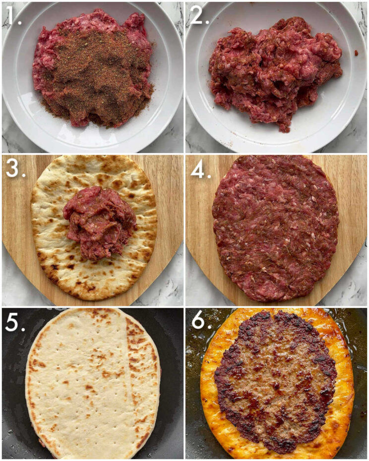 6 step by step photos showing how to make smash beef gyros