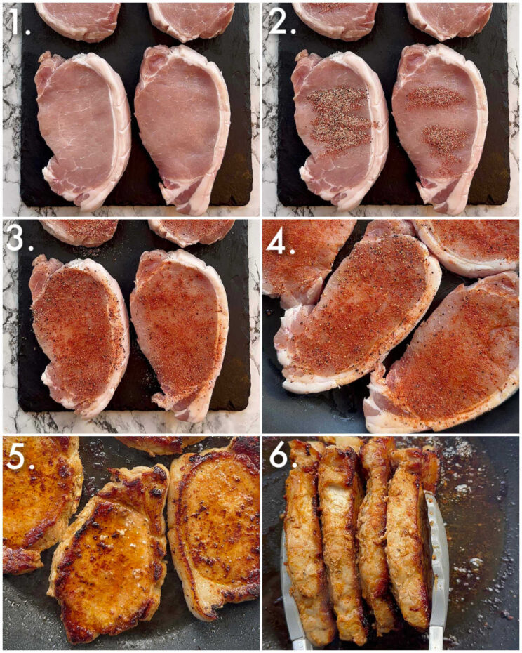 6 step by step photos showing how to pan fry pork chops