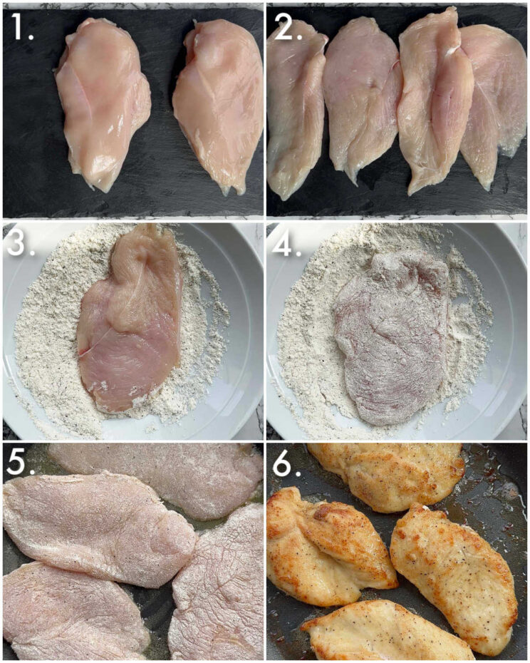 6 step by step photos showing how to prepare chicken breasts