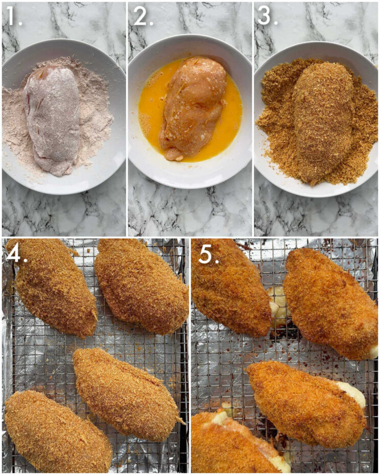 4 step by step photos showing how to prepare chicken cordon bleu