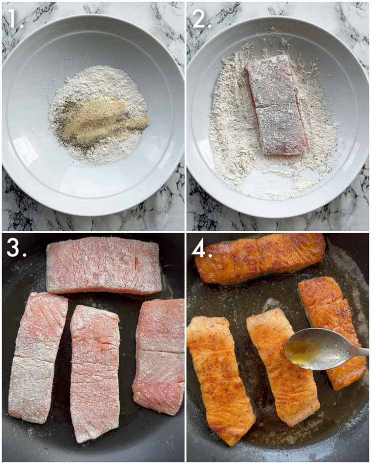4 step by step photos showing how to prepare garlic butter salmon