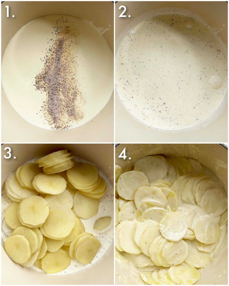 4 step by step photos showing how to prepare potato gratin stacks