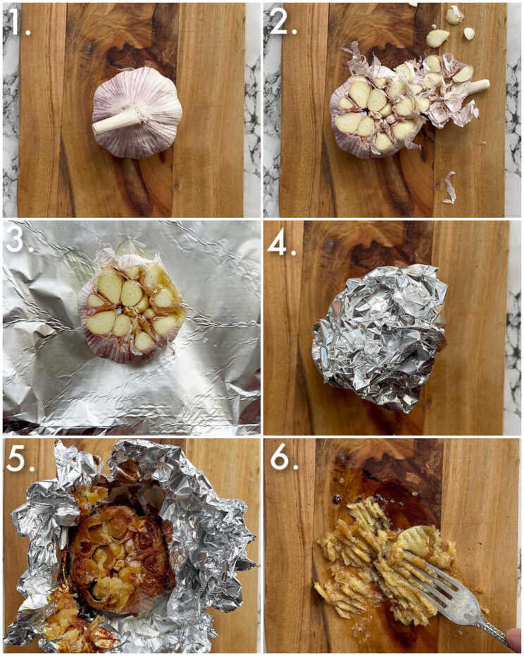 6 step by step photos showing how to roast garlic