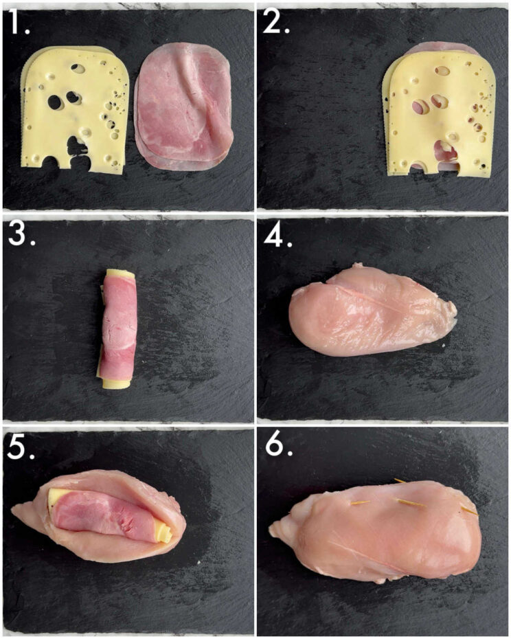 6 step by step photos showing how to stuff a chicken cordon bleu