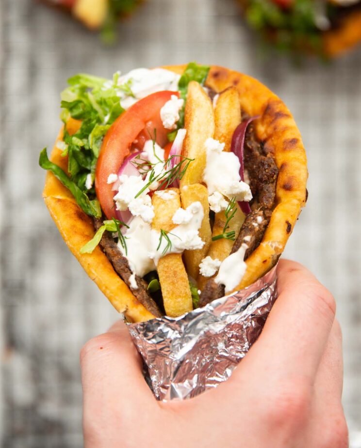 close up overhead shot of minced beef gyros