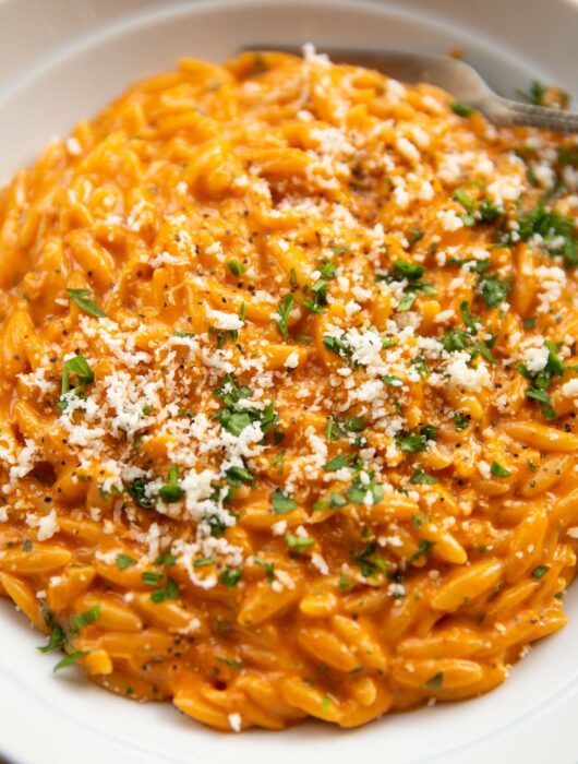 close up shot of orzo with 'nduja in large white bowl with parsley and parmesan