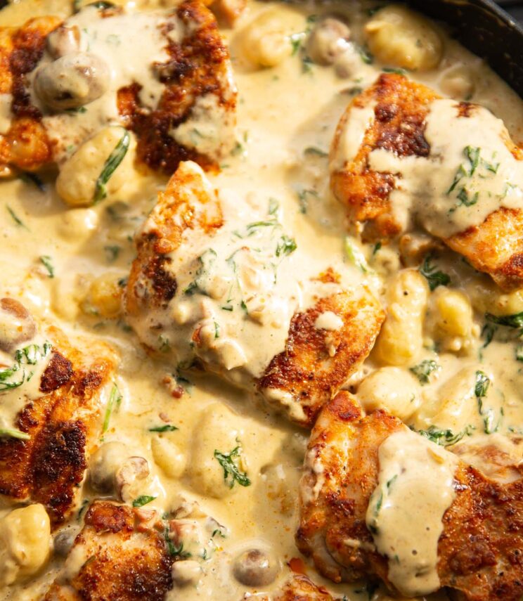 close up shot of creamy chicken and gnocchi in large pan