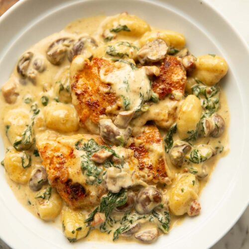close up shot of creamy chicken with gnocchi in large white bowl