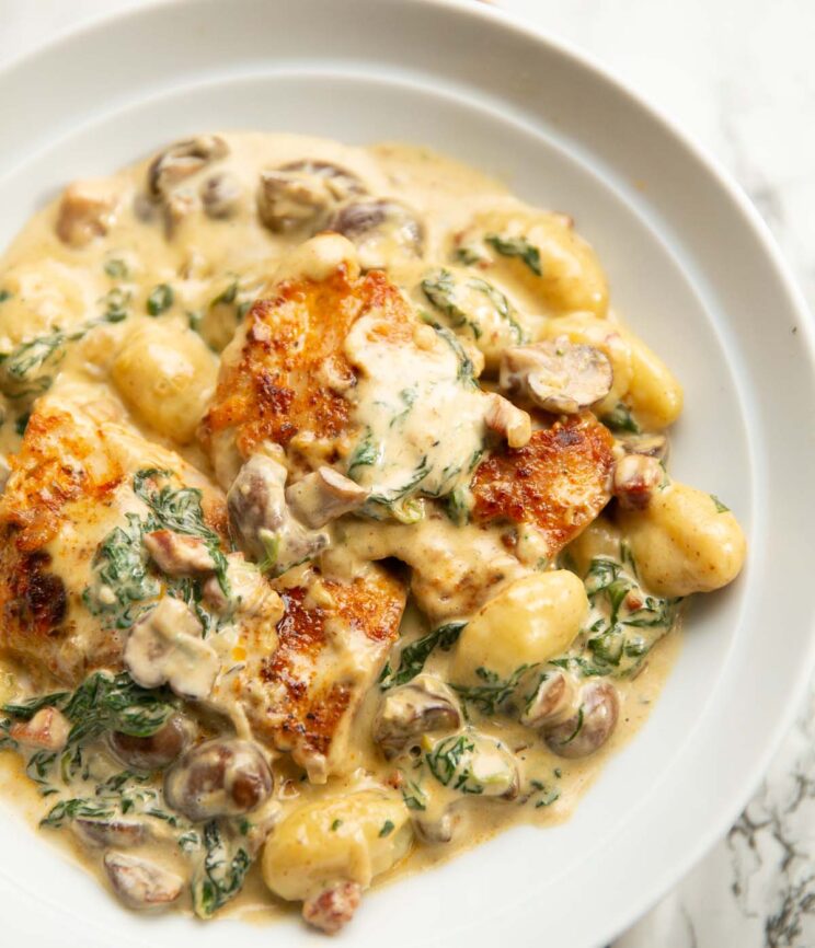 close up shot of creamy gnocchi and chicken in large white bowl
