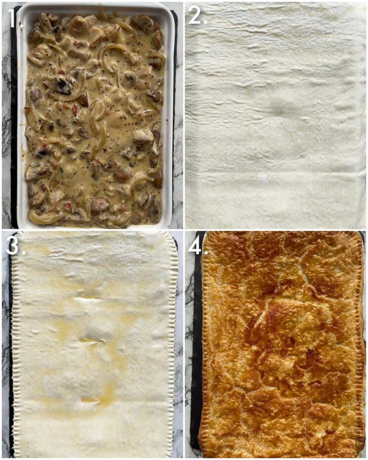 4 step by step photos showing how to make chicken mushroom pie