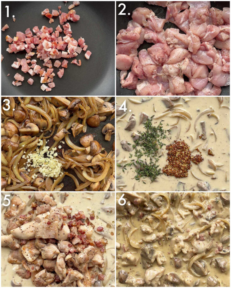 6 step by step photos showing how to make chicken mushroom pie filling